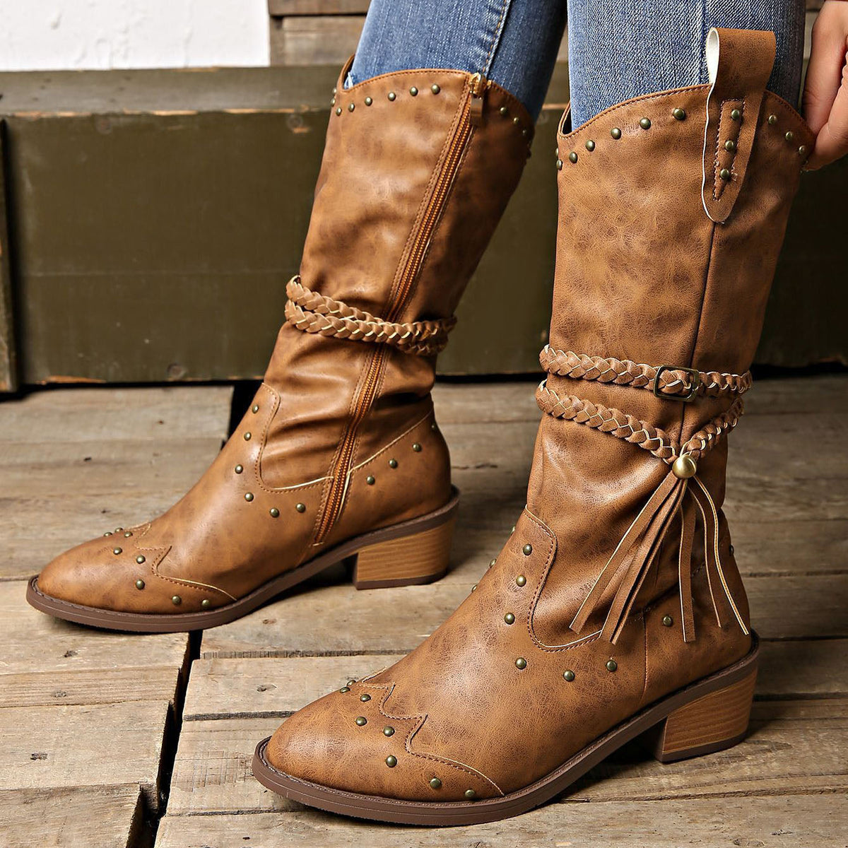 Rivet Belt Tassel Trim Mid-calf Martin Boots