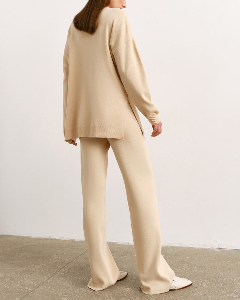 Solid Knitted Split Sweater and Pants Two-Piece Set