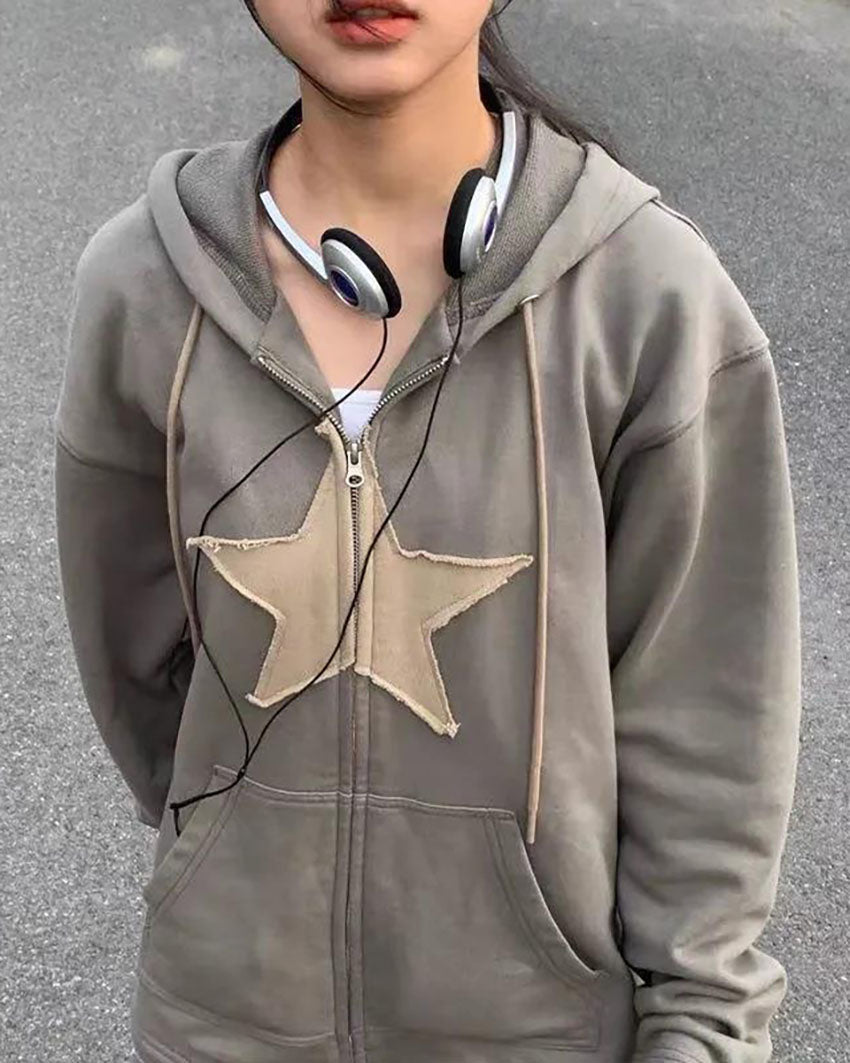 Patched Pentagram Trim Hooded Sweatshirt