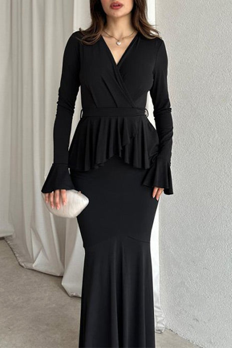 Elegant Long Sleeved Peplum Slim Fit Maxi dress