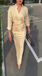 Beige Satin Long Sleeves Top and Skirt Two-Piece Suit