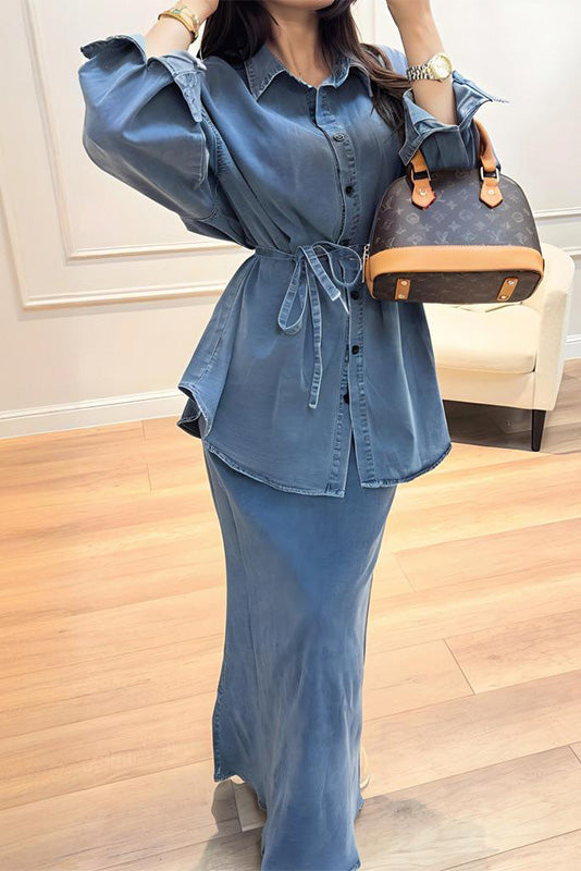 Blue Denim Shirt and Maxi Denim Skirt Two Piece Sets