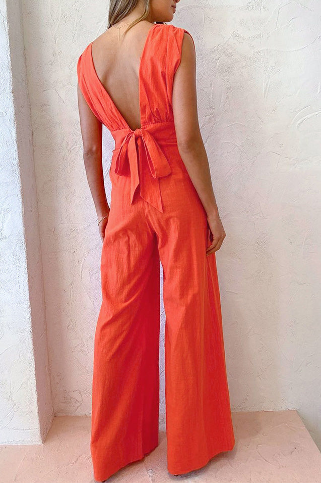 Orange Deep V Linen Sleeveless Jumpsuit