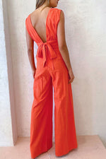 Orange Deep V Linen Sleeveless Jumpsuit