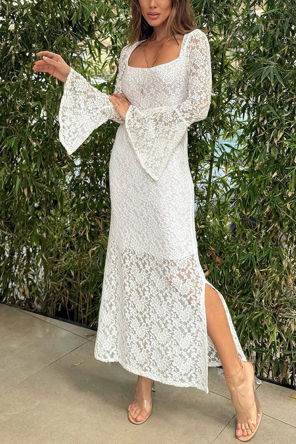Crochet Lace Bell Sleeves Midi Dress