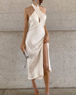 Beige Satin Crossover Halter Maxi Dress