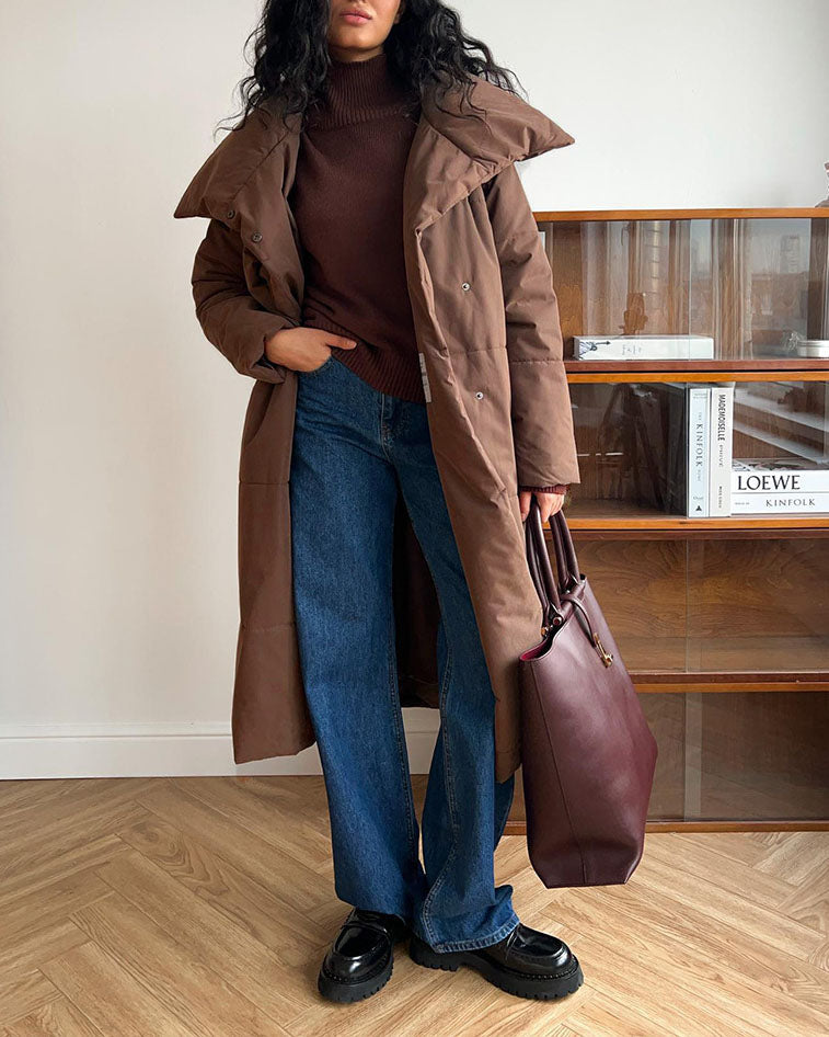 Large Lapel Tie Belted Long Cotton-Pad coat