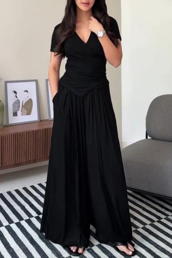 Casual Slim Fit Top and Wide-Leg Pants Two-Piece Suit