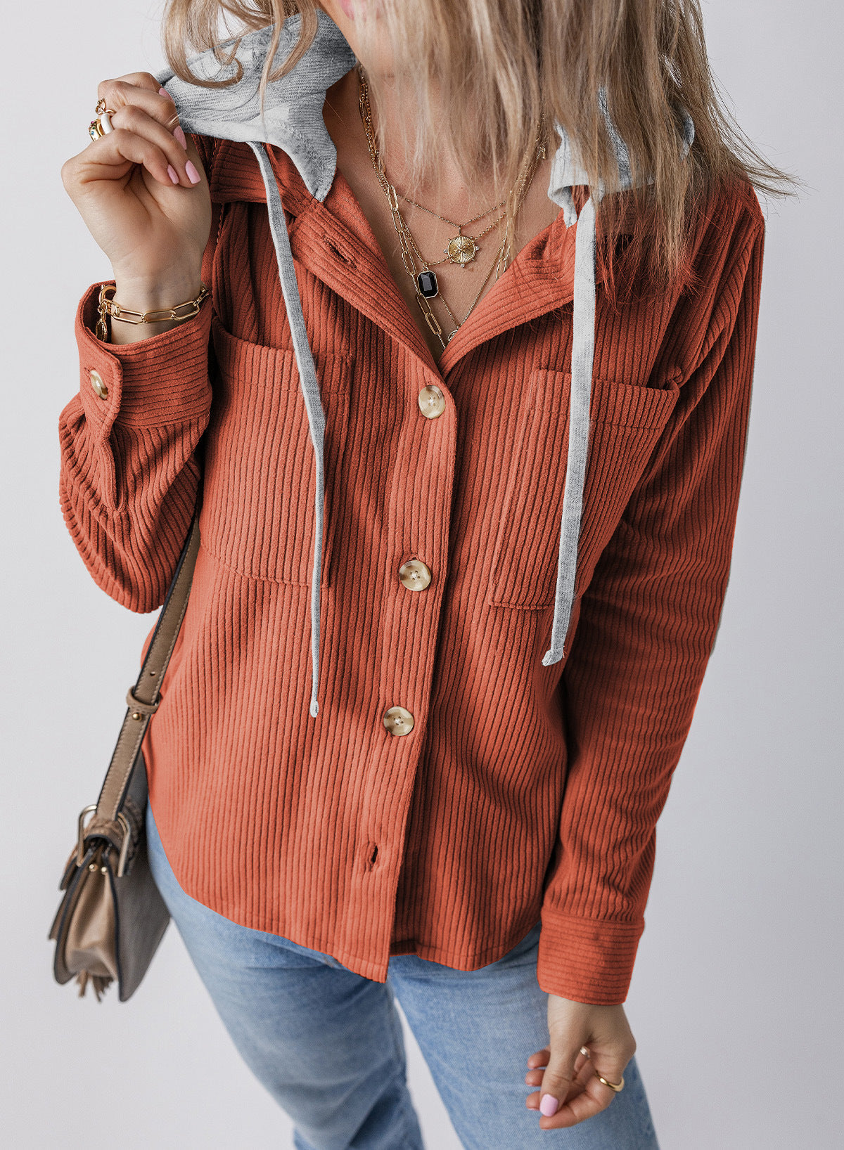 Corduroy Button Down Hooded Jacket