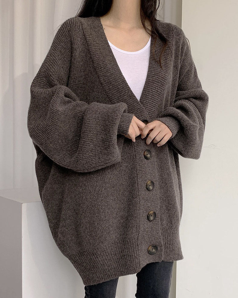 Casual Ribbed Knit Lantern Sleeve Cardigan