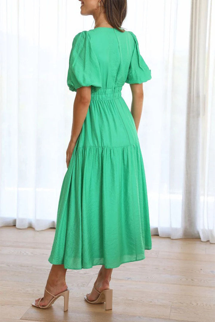 Solid Puff Sleeve Midi Dress