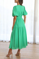 Solid Puff Sleeve Midi Dress