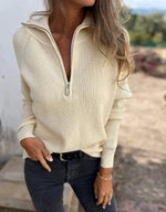 Solid Ribbed Knit Zipper Pullover Sweater