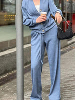 Casual Button-Down Knitted Top and Pants Two-Piece Set