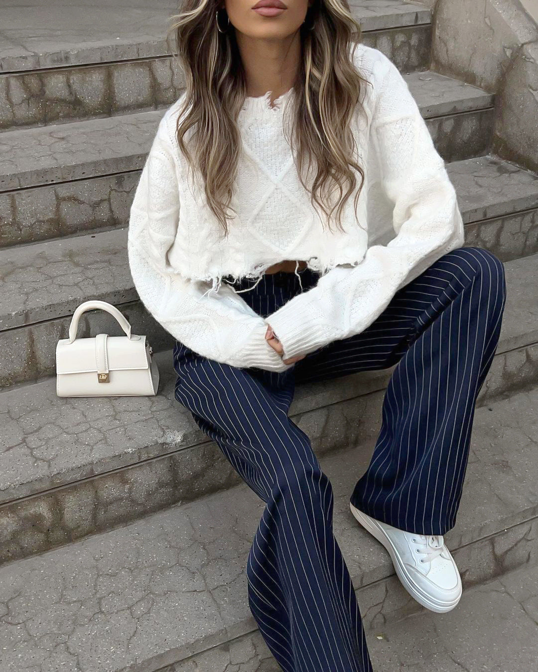 Navy Striped Wide-Leg Pants