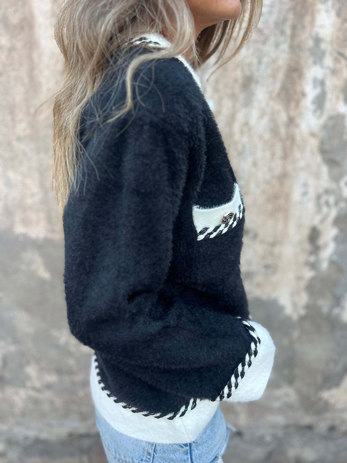 Black and White Button Placket Knit Jacket