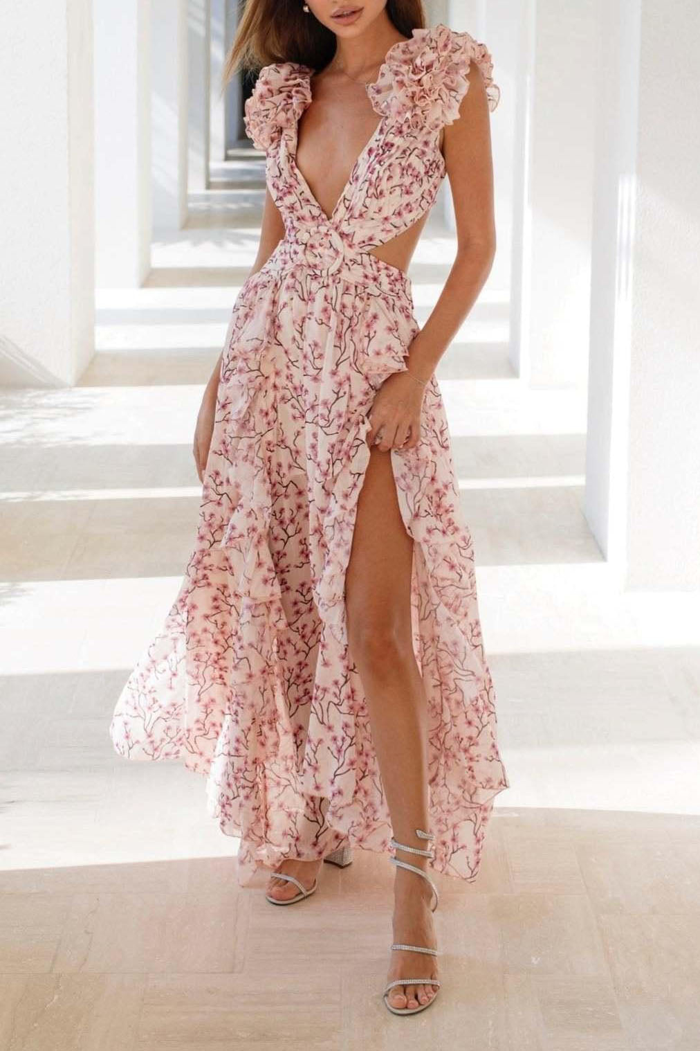 Delicate Floral Ruffled V Neckline Midi Dress