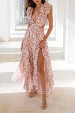 Delicate Floral Ruffled V Neckline Midi Dress