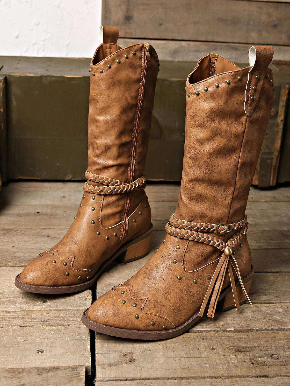 Rivet Belt Tassel Trim Mid-calf Martin Boots
