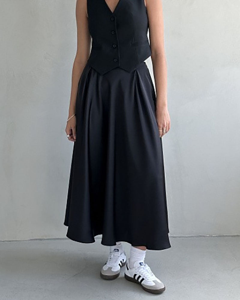 Sleek High-Waisted Satin Midi Skirt