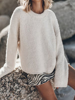 White Plush Crewneck Pullover Knit Sweater