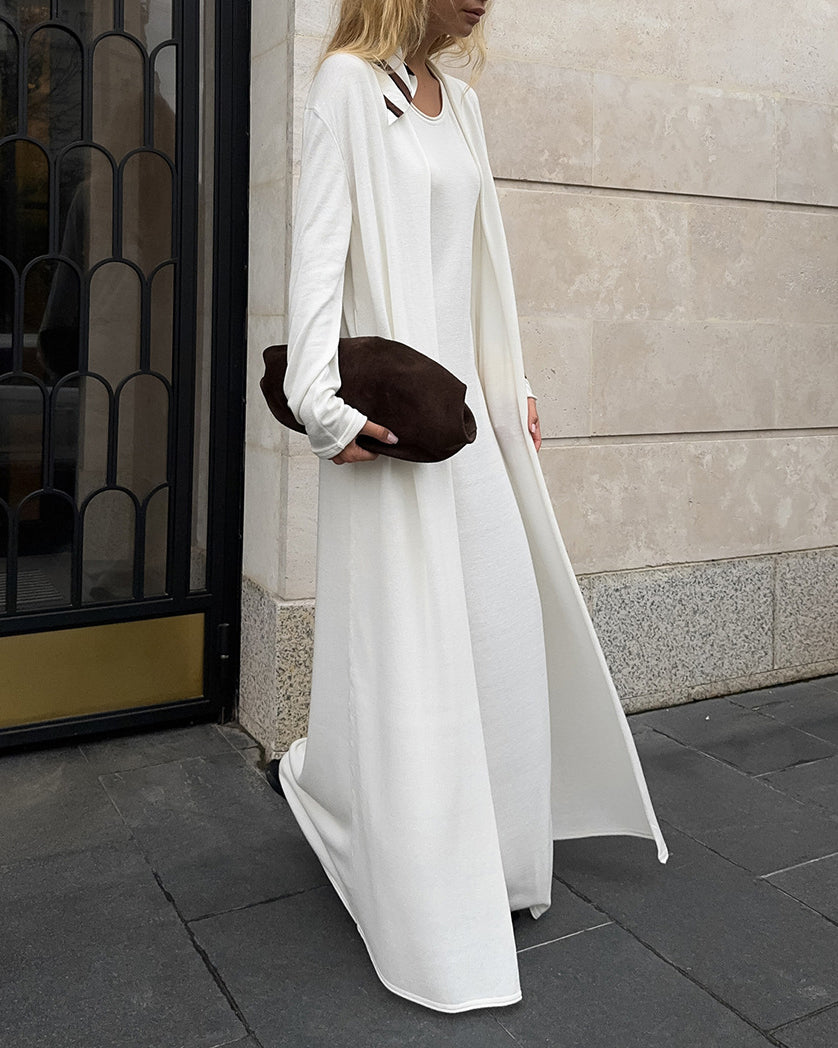 White Knit Midi Dress and Long Cardigan Two Piece Suit