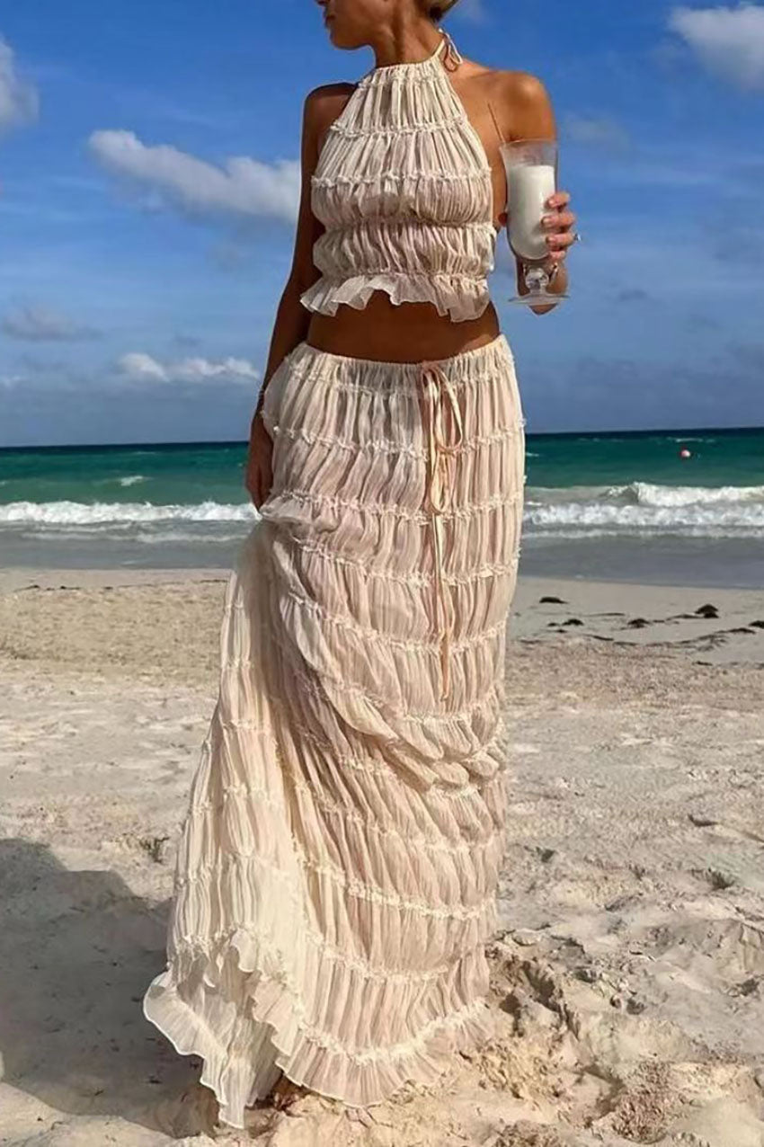 Halterneck Tank Top and Maxi Skirt Ruched Two Piece Set