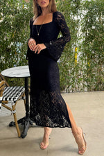 Crochet Lace Bell Sleeves Midi Dress