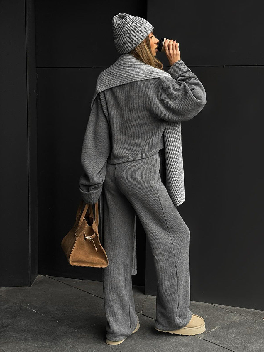 Ribbed Knit Zippered Jacket and Pants Two-Piece Suit