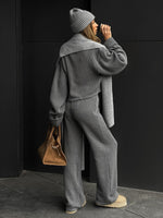 Ribbed Knit Zippered Jacket and Pants Two-Piece Suit