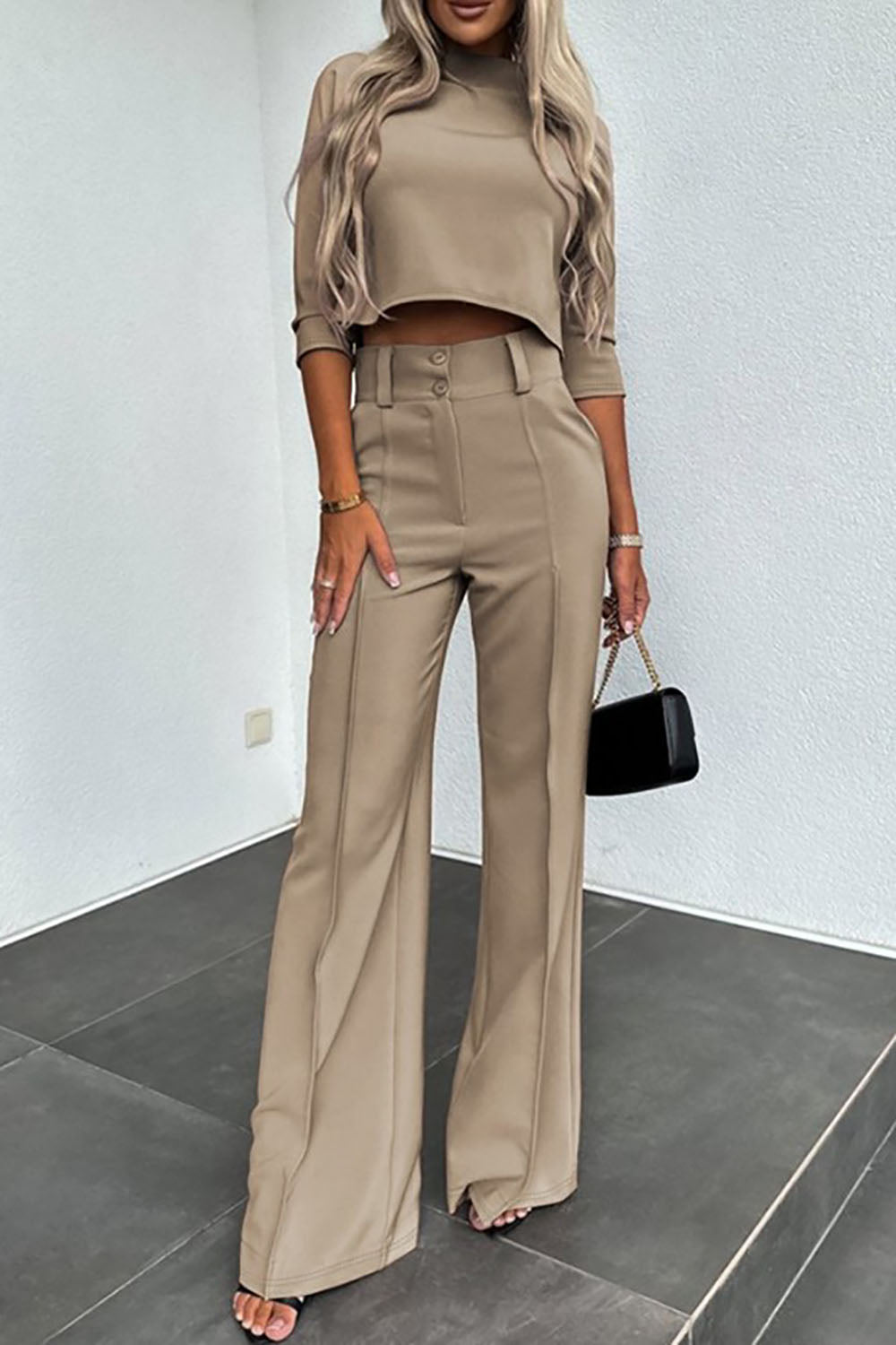 Business Casual Crop Top and Wide-Leg Pants Two Piece Set