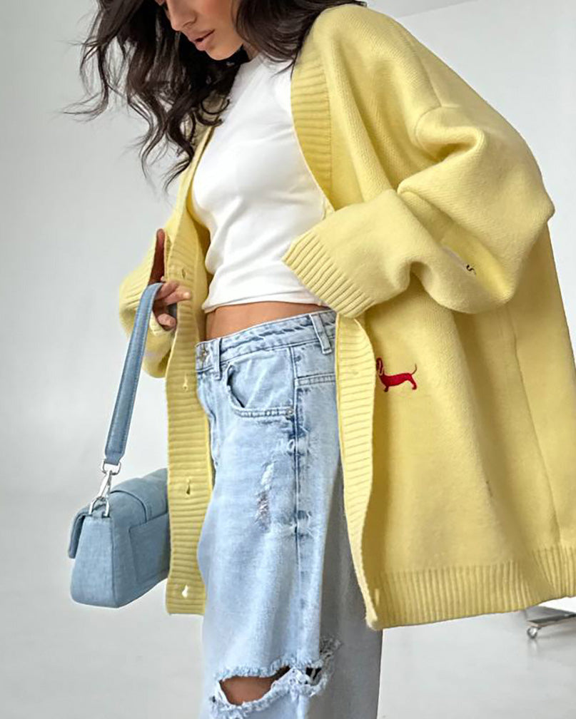 Embroidered Trim Single-breasted knit Cardigan