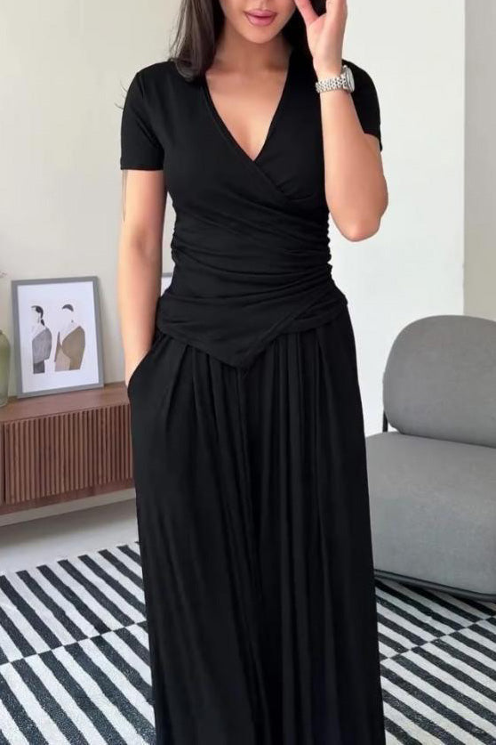 Casual Slim Fit Top and Wide-Leg Pants Two-Piece Suit