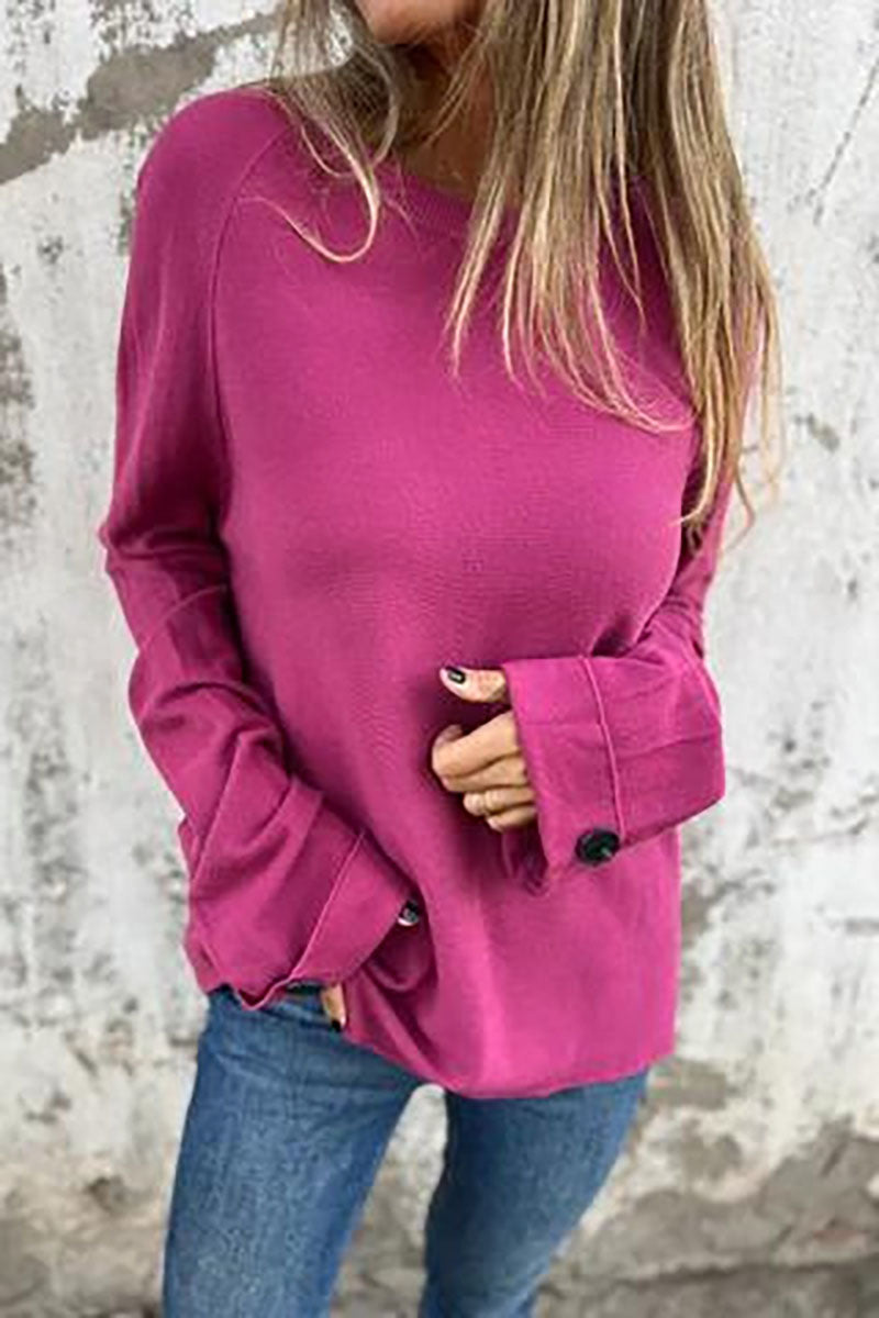 Solid Buttoned Cuff Knit Loose Top