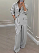 Solid Stylish Blazer and Wide-Leg Pants Two Piece Set
