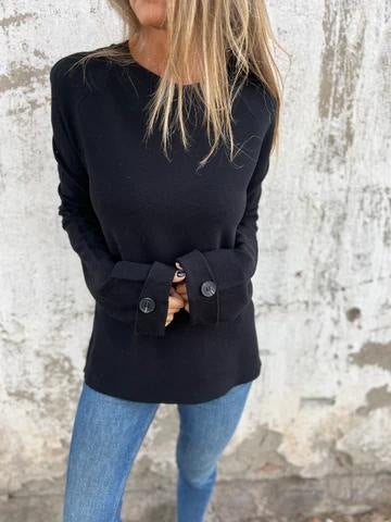 Solid Buttoned Cuff Knit Loose Top