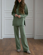 Solid Knitted Split Sweater and Pants Two-Piece Set