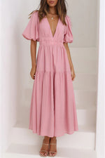 Solid Puff Sleeve Midi Dress