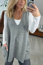 V-neck Pocket Knitted Vest Sleeveless Sweater