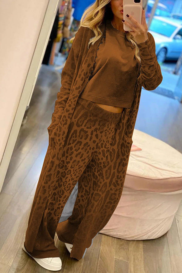 Leopard Print Long Sleeve Cardigan and Pants Two Piece Set
