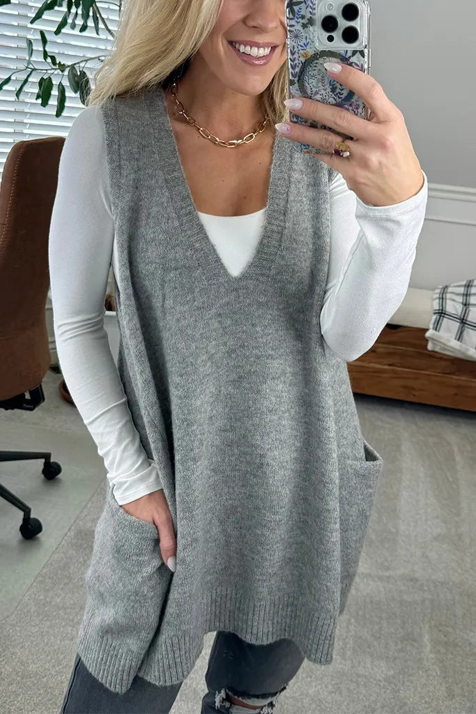 V-neck Pocket Knitted Vest Sleeveless Sweater