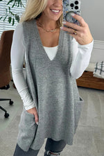 V-neck Pocket Knitted Vest Sleeveless Sweater