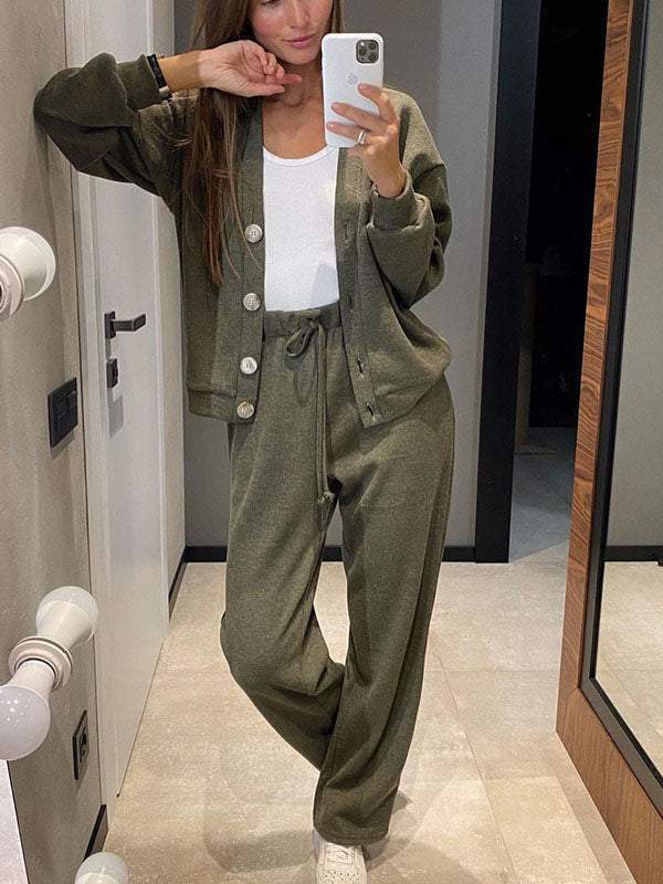 Casual Button-Down Knitted Top and Pants Two-Piece Set