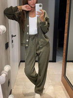 Casual Button-Down Knitted Top and Pants Two-Piece Set