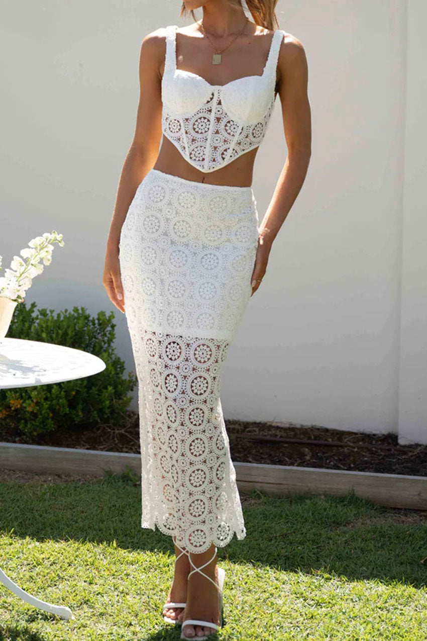 Crochet Lace Tank Top and Midi Skirt Two Piece Sets