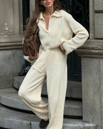 Casual Ribbed Knit Jacket and Knit Pants Two-Piece Suit