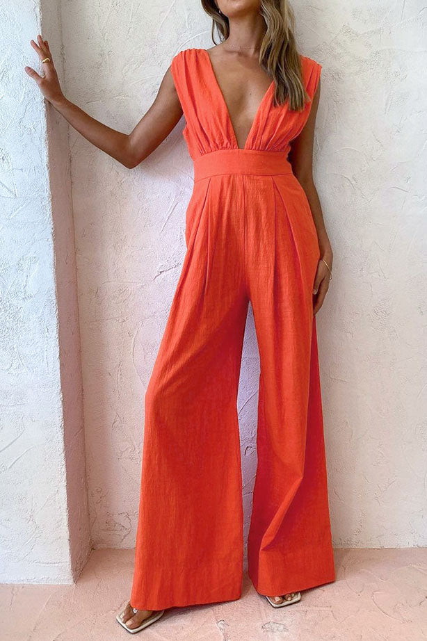 Orange Deep V Linen Sleeveless Jumpsuit