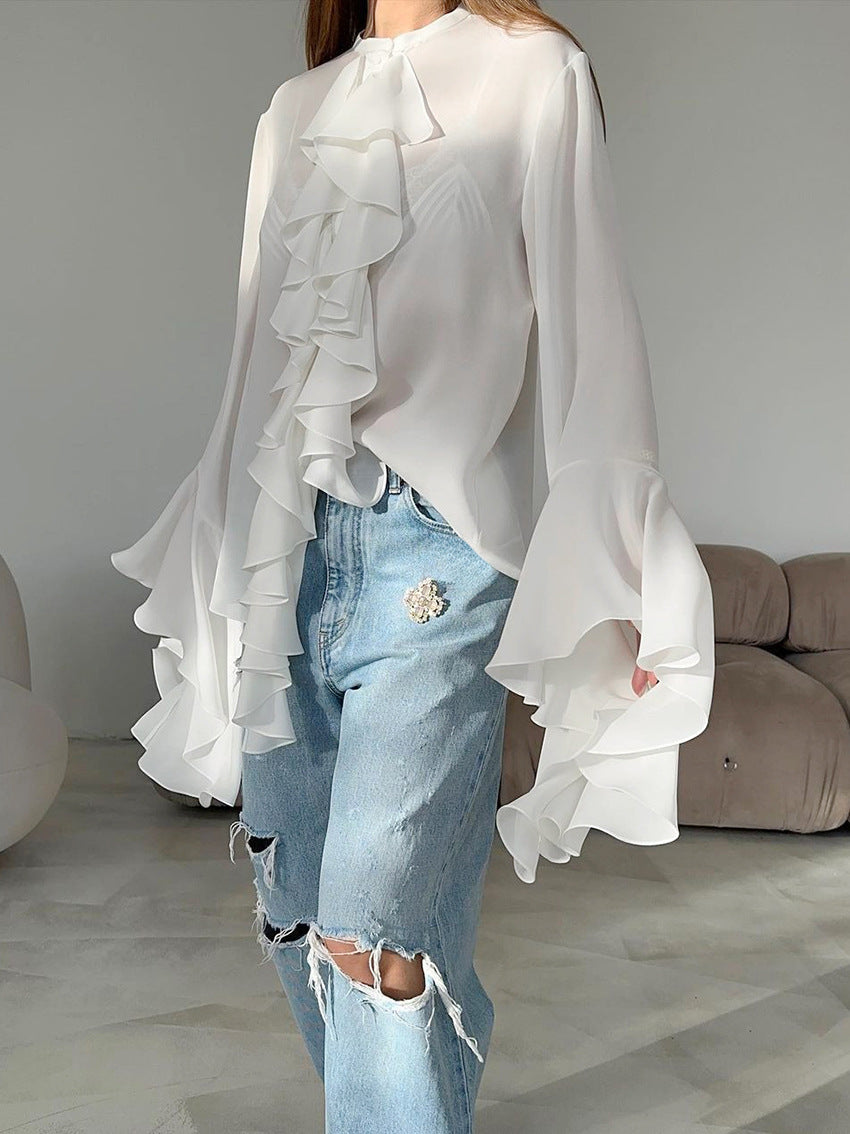 Solid Bell Cuffs Chiffon Ruffled Shirt