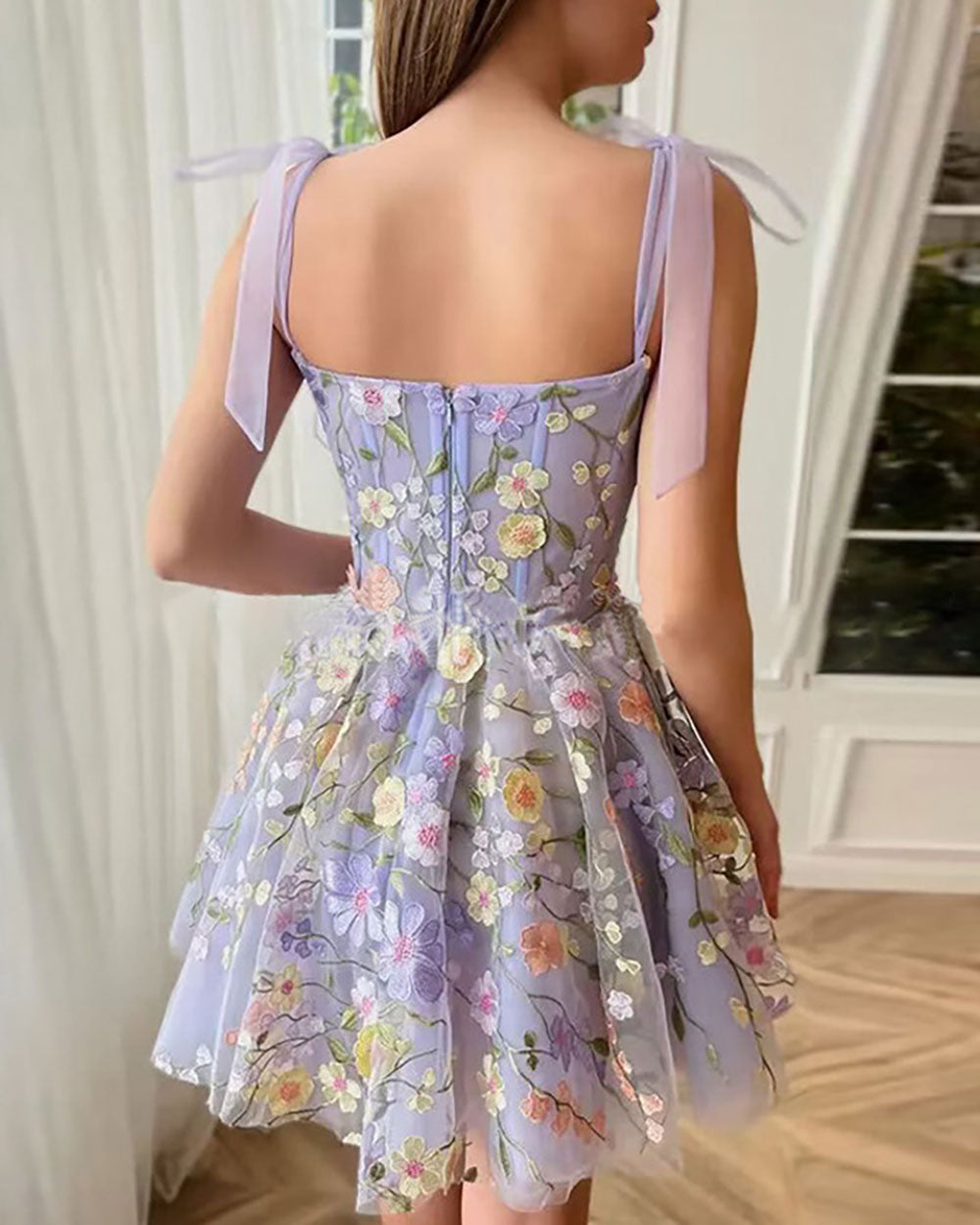 Purple Embroidered Floral Shoulder-Tie Mini Dress