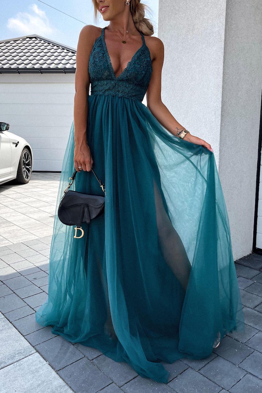 Tulle Mesh V Neck Maxi Dress